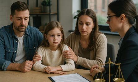 Parents et enfant en consultation avec un avocat en droit de la famille dans un bureau professionnel