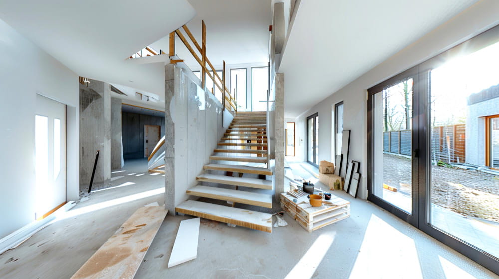 Intérieur d'une maison de style moderne en cours de rénovation avec des escaliers en marbre et du béton apparent.